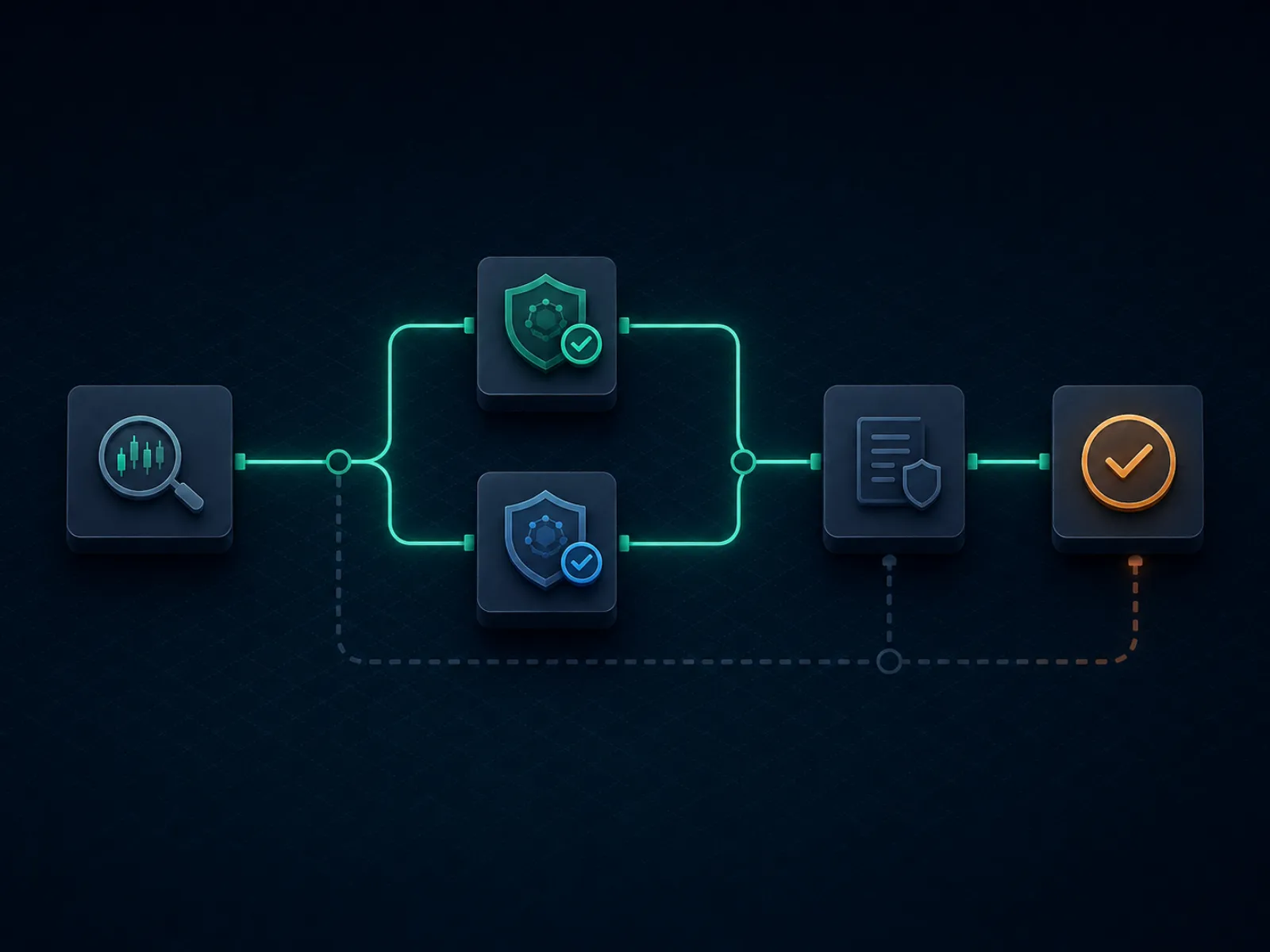 Five-stage horizontal flow diagram of an arbitrage process with a forked middle step