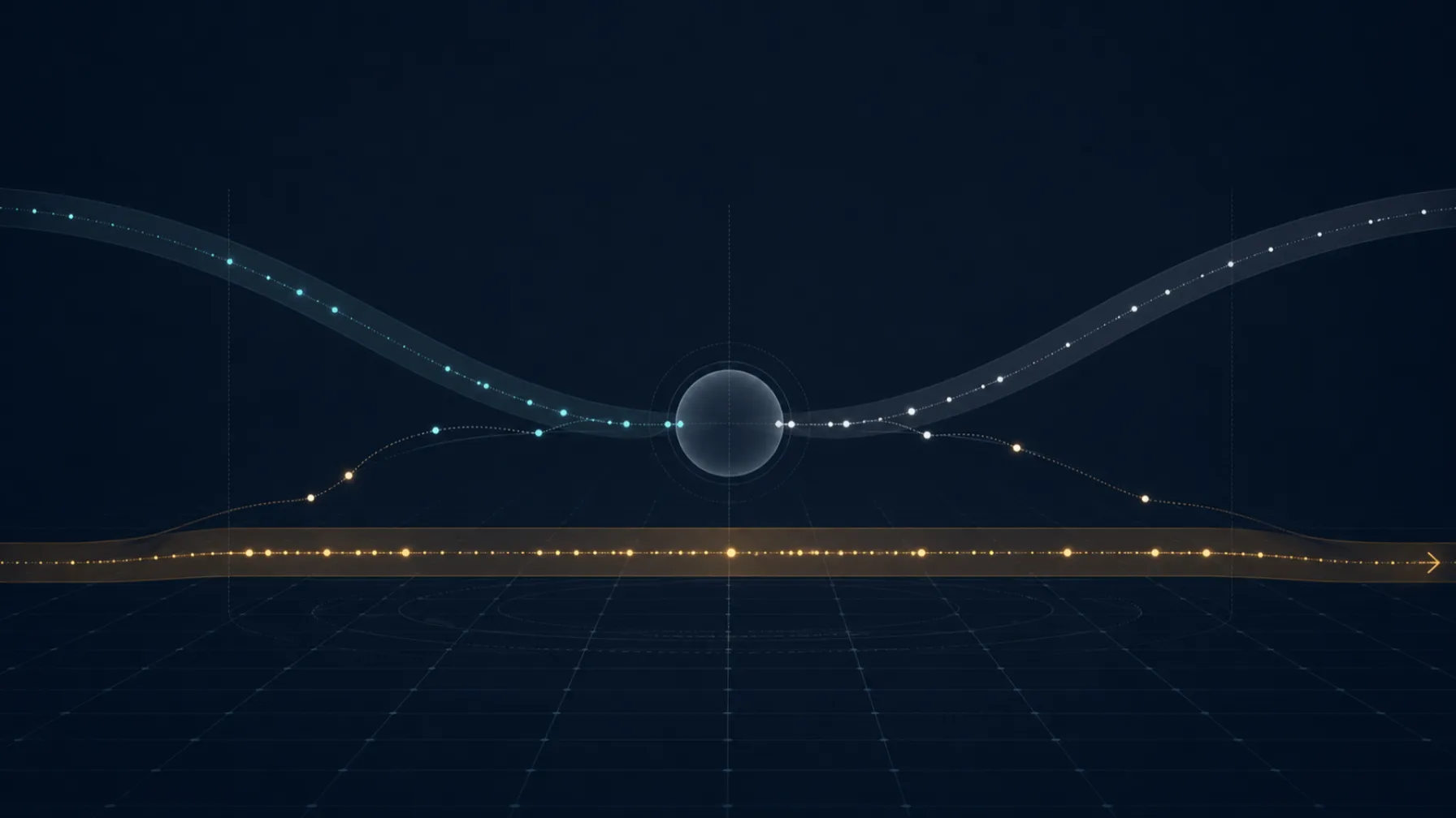 Two opposing arc paths meeting near a central node above a longer horizontal path