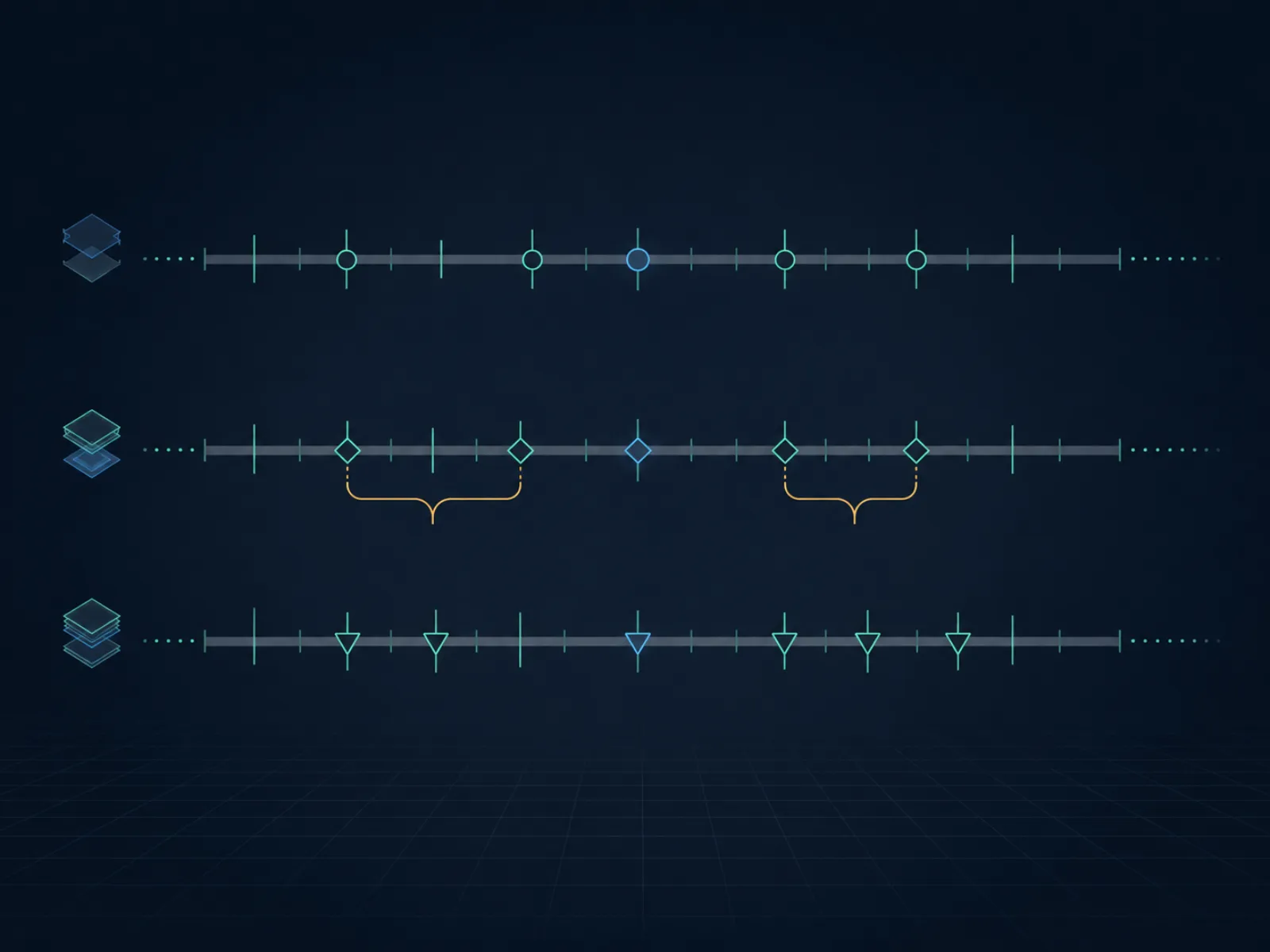 Three stacked horizontal handicap rulers showing half, quarter, and three-quarter lines