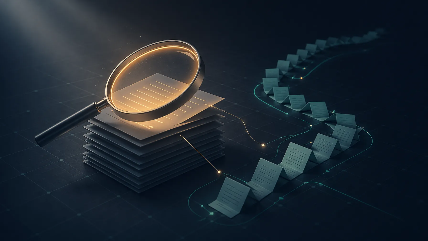Magnifying lens over a stack of plain documents tracing a paper trail