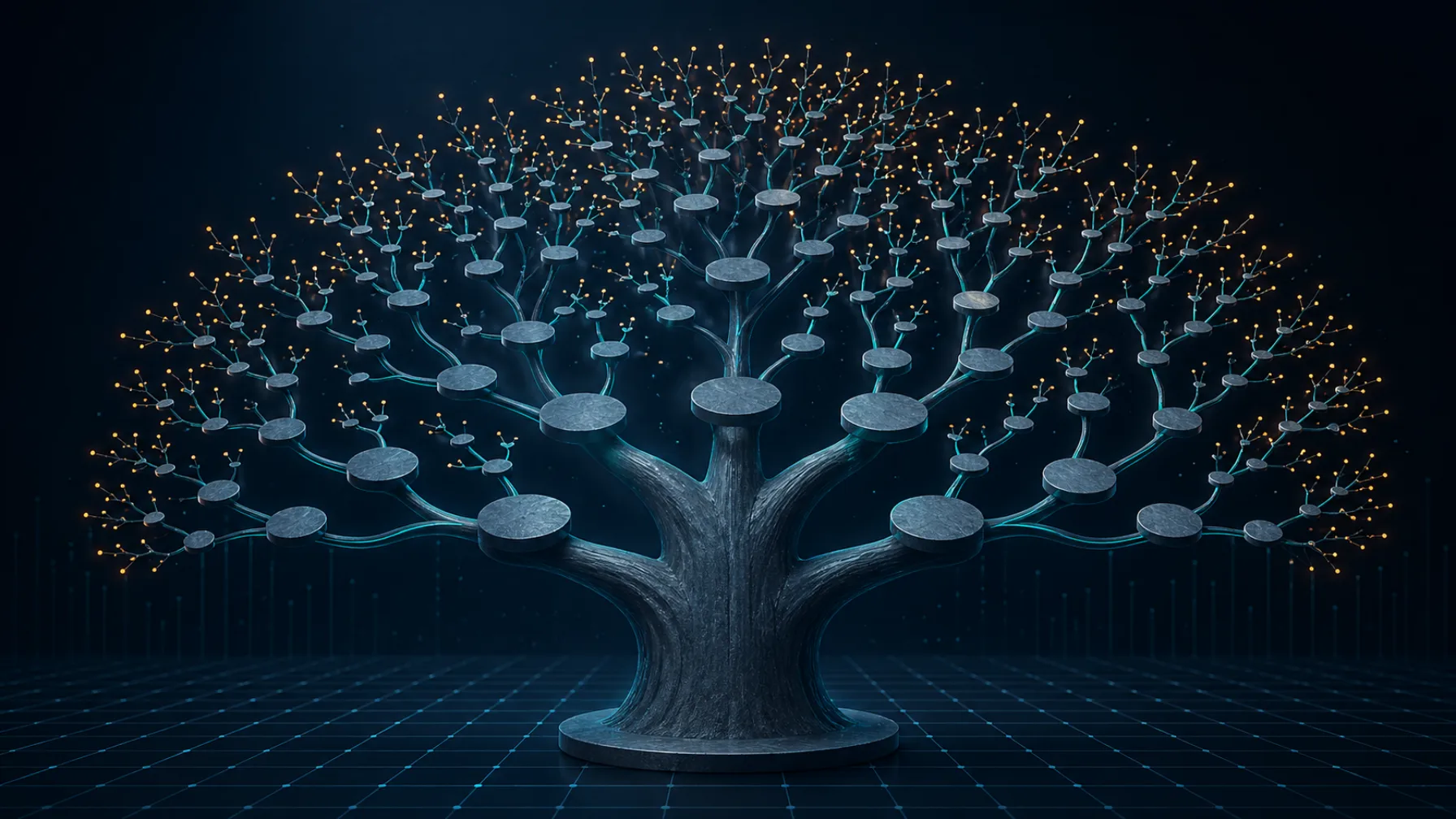 Branching tree from a thick trunk into fine secondary and tertiary prop nodes