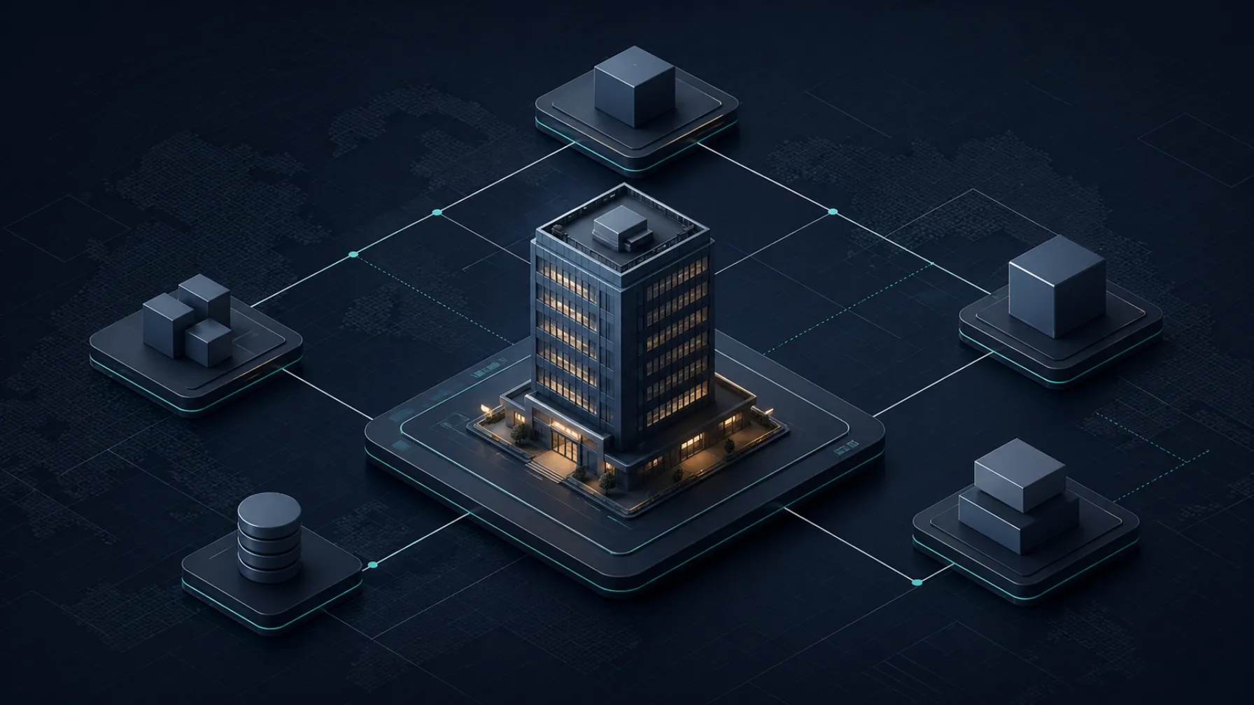 Stylised corporate tower at the centre of a corporate ownership diagram
