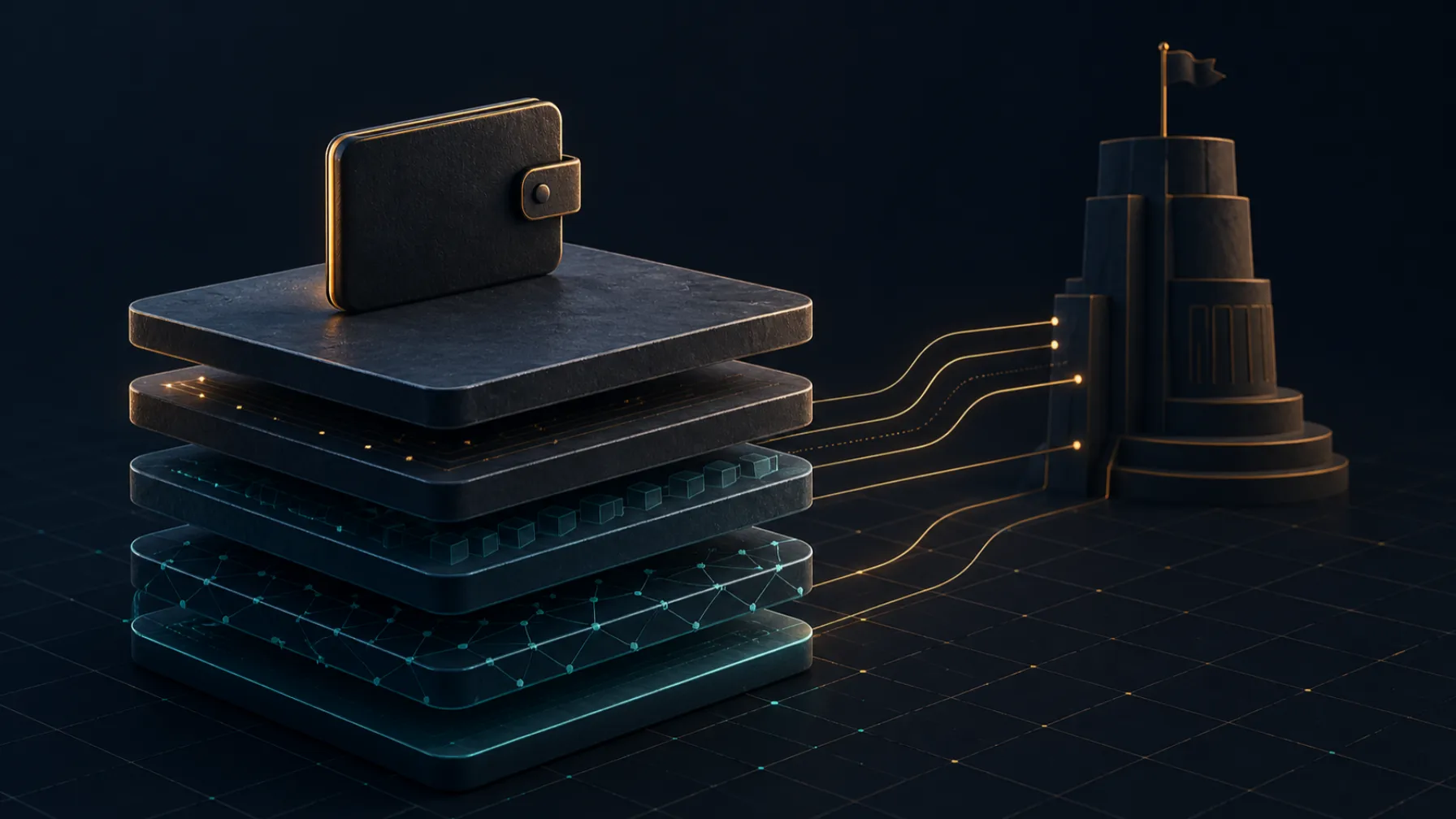 Stacked layered slabs with a wallet silhouette representing a crypto funding stack