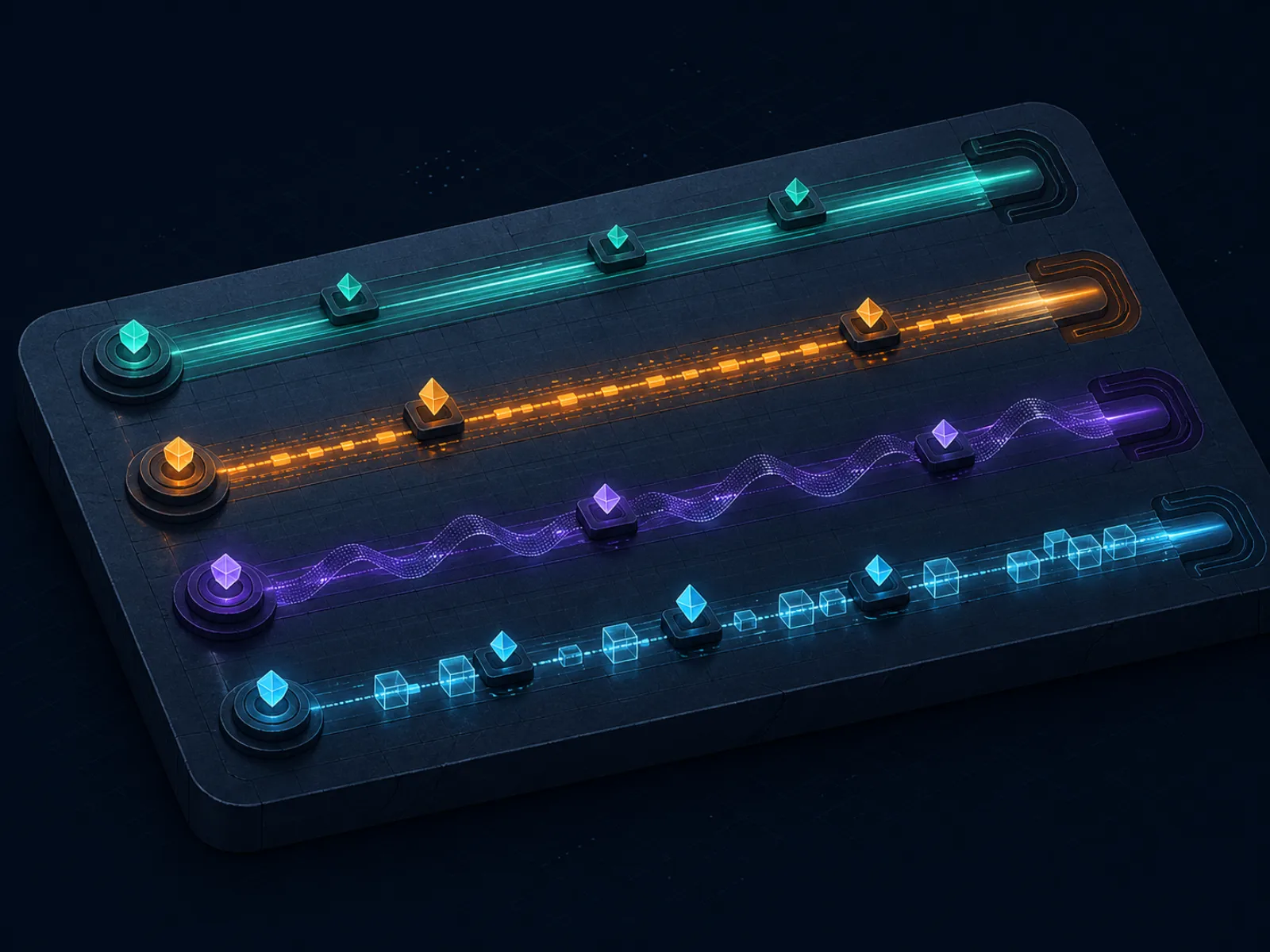 Four parallel glowing rails representing distinct crypto transaction tracks