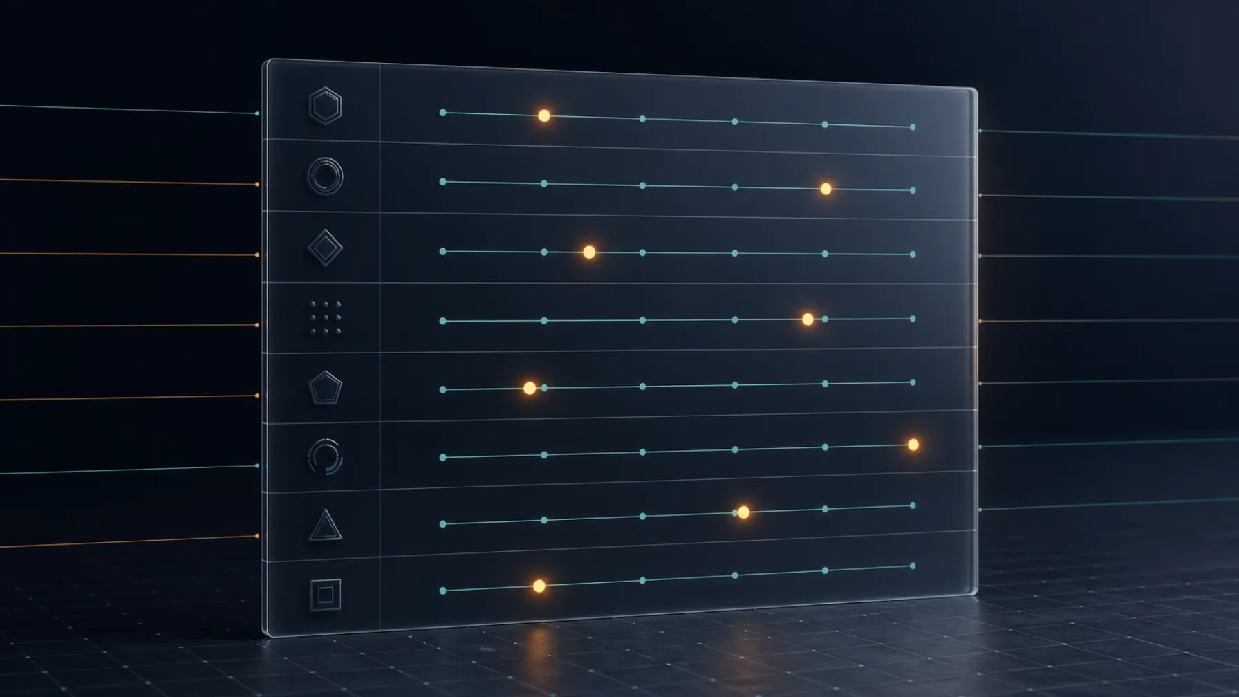 Translucent panel showing eight horizontal scoring tracks with glowing markers