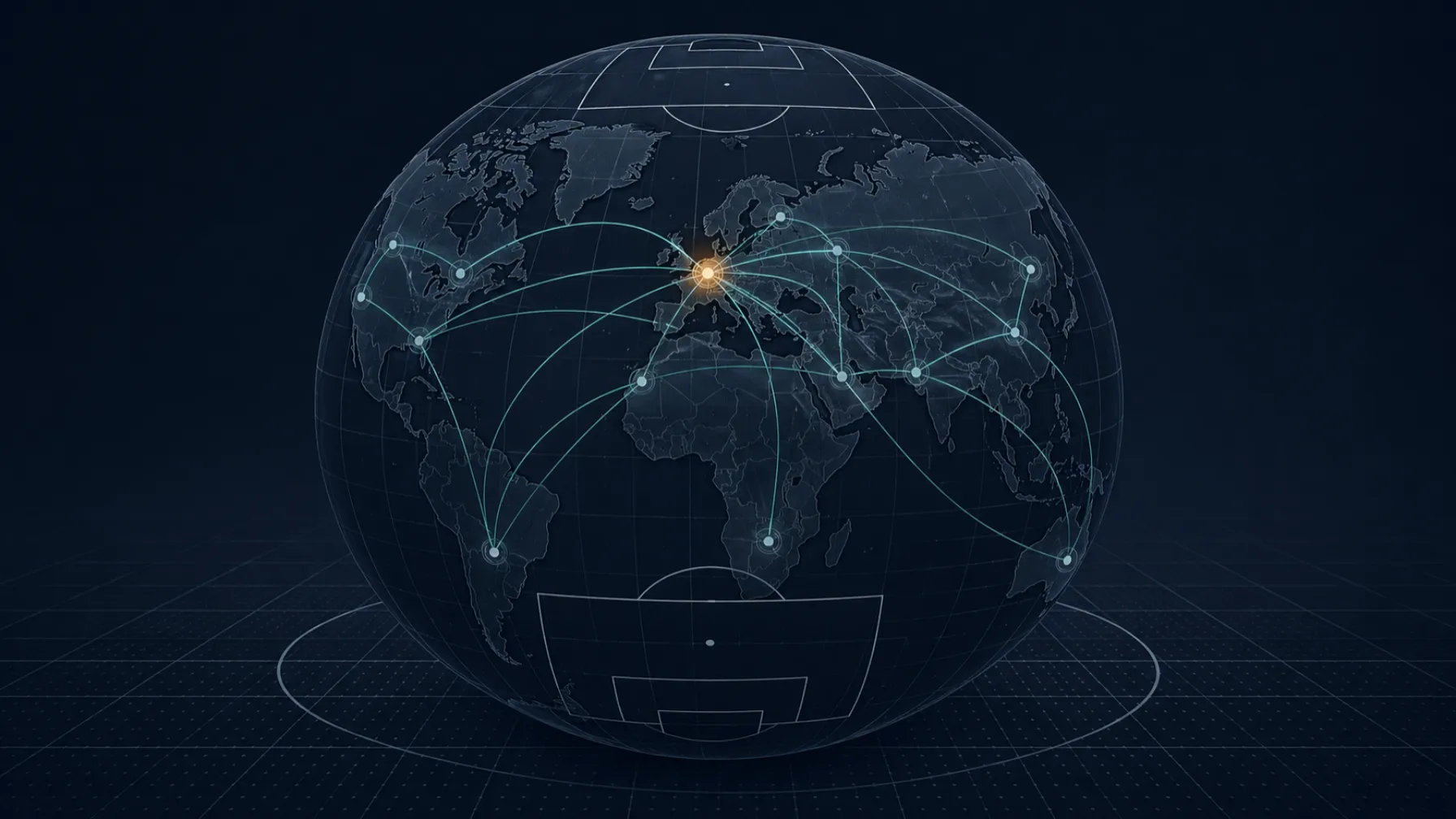 Wireframe globe wrapped in a pitch-line grid with tracer lines between market nodes