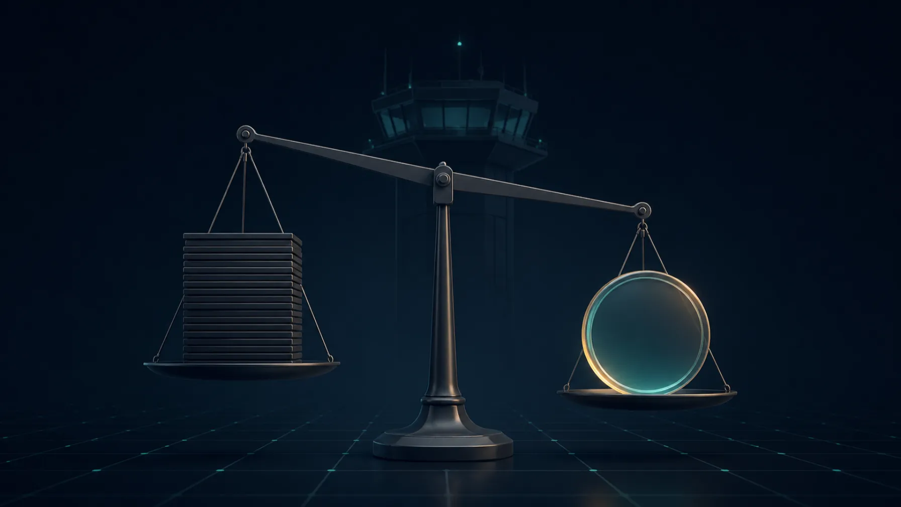 Minimalist scale weighing a stack of plates against a single oversized token