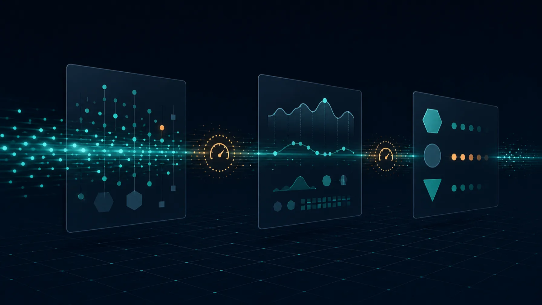 Horizontal data stream with translucent panels representing an in-play betting pipeline