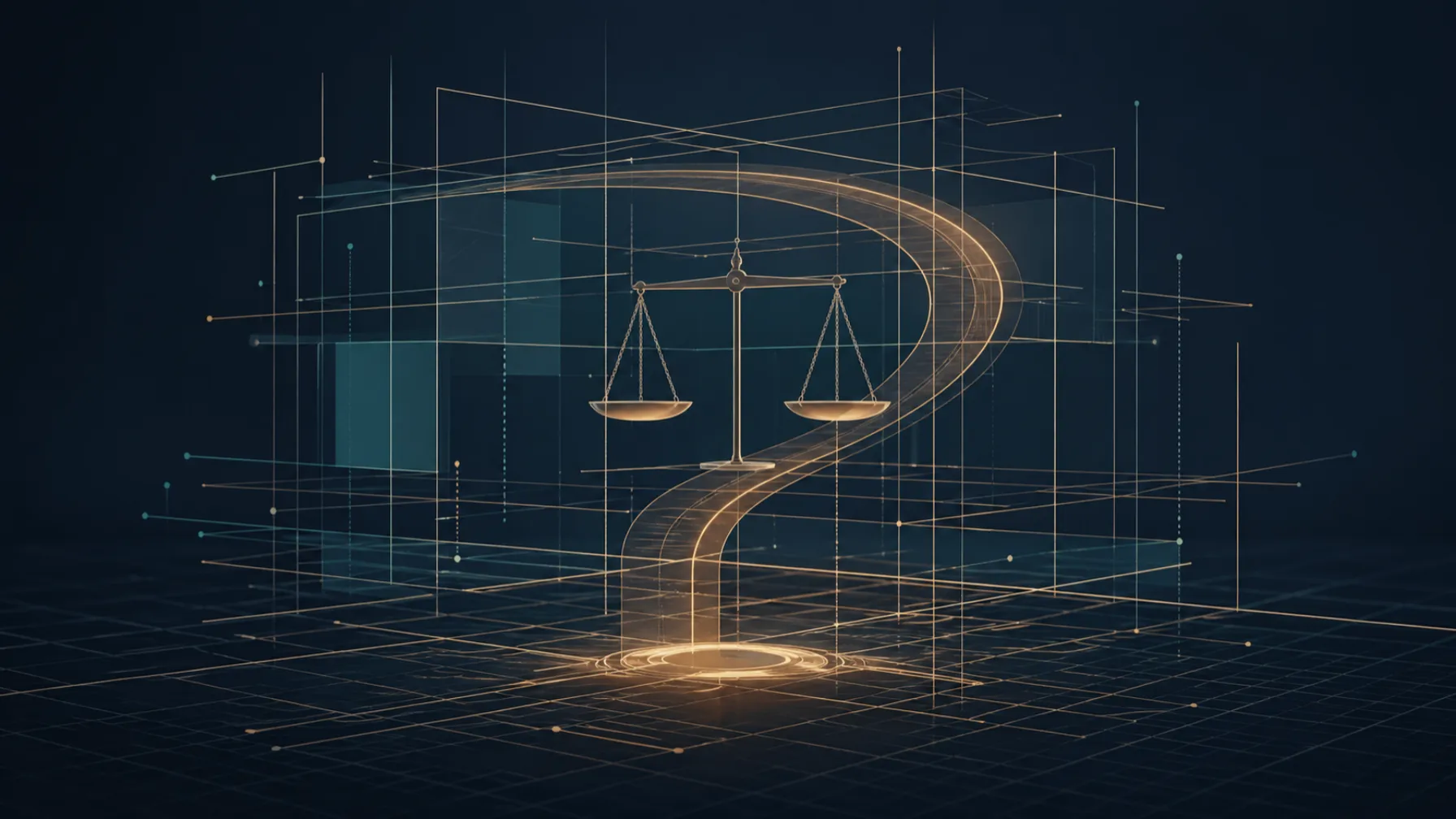 Minimalist balance scale inside an architectural wireframe symbolising a legal framework