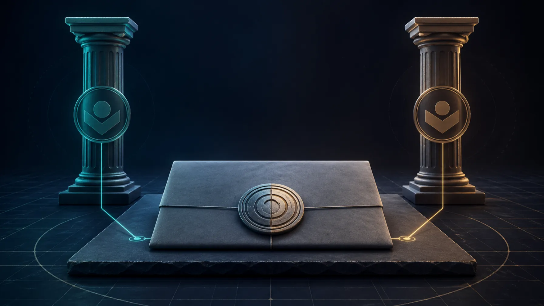 Sealed regulatory document plate flanked by two abstract columns