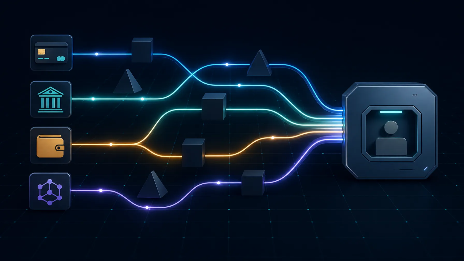 Multiple parallel banking rails converging into a single cashier node