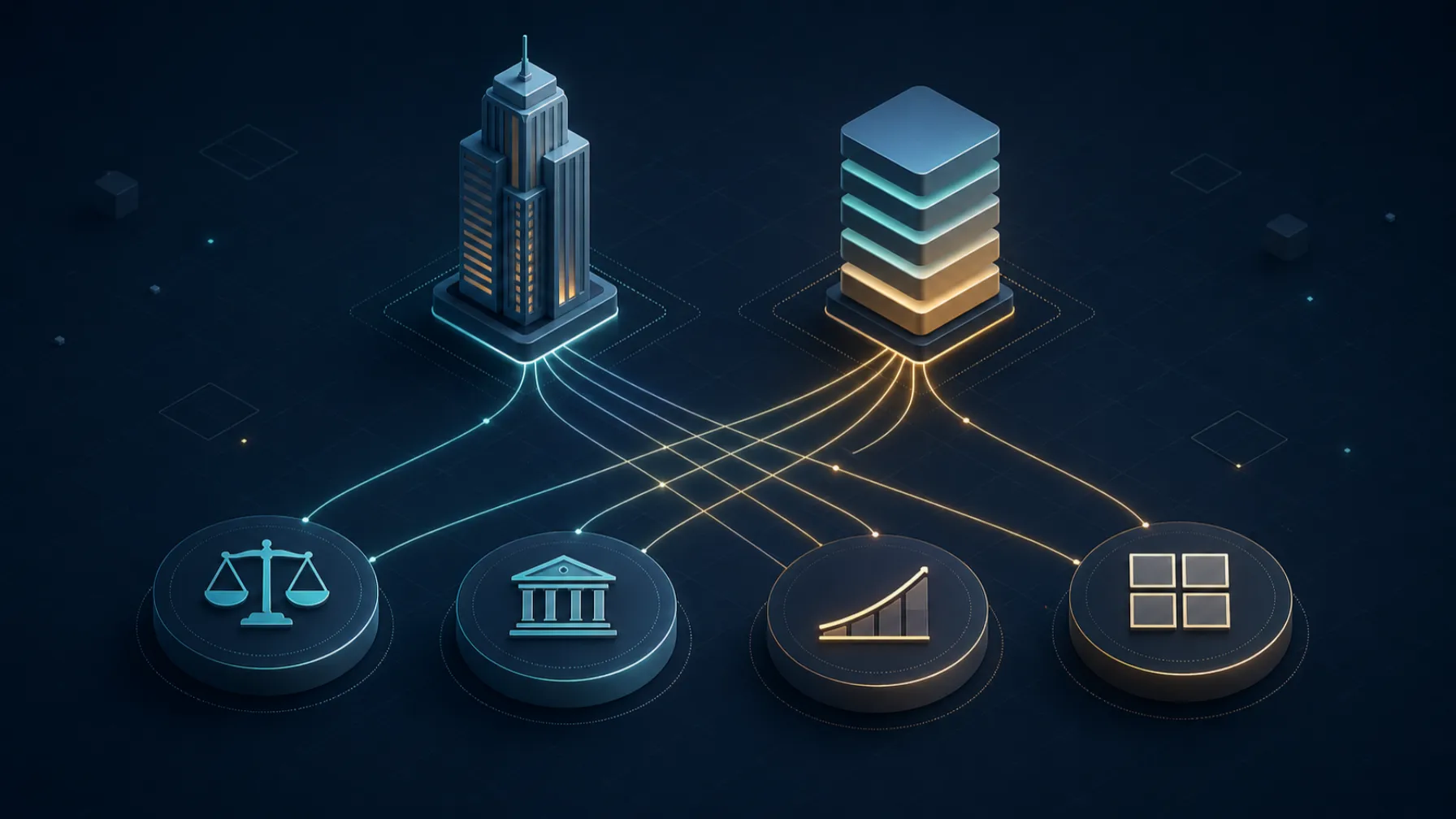 Isometric diagram of two pillars connecting into four topic clusters