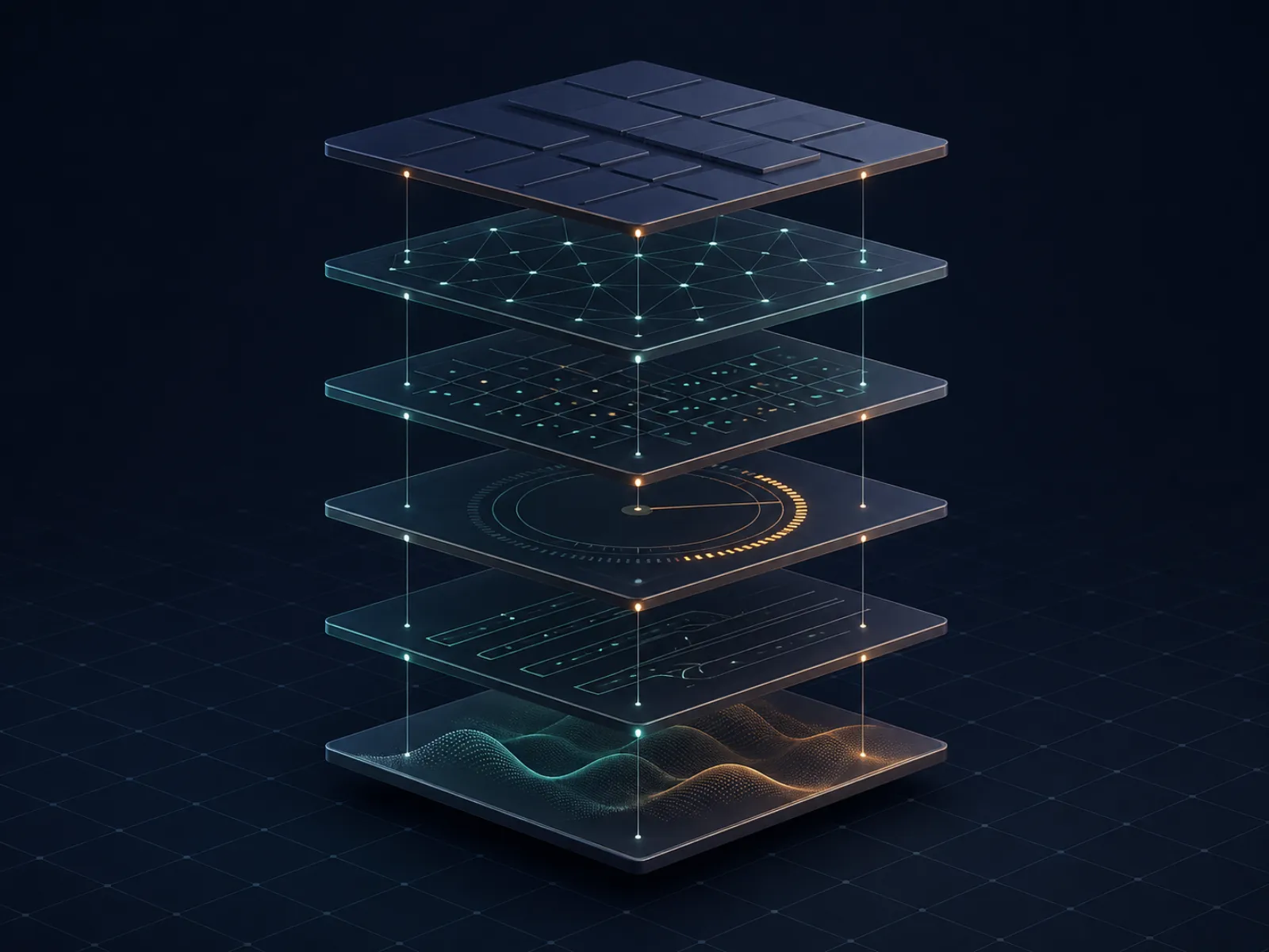 Six exploded horizontal layers stacked vertically representing a sportsbook product stack