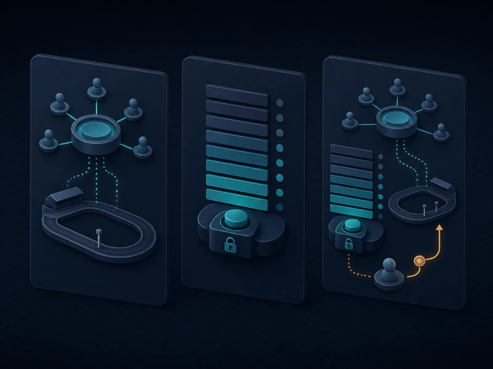 Three side-by-side cards depicting pari-mutuel, fixed-odds, and hybrid racebook archetypes