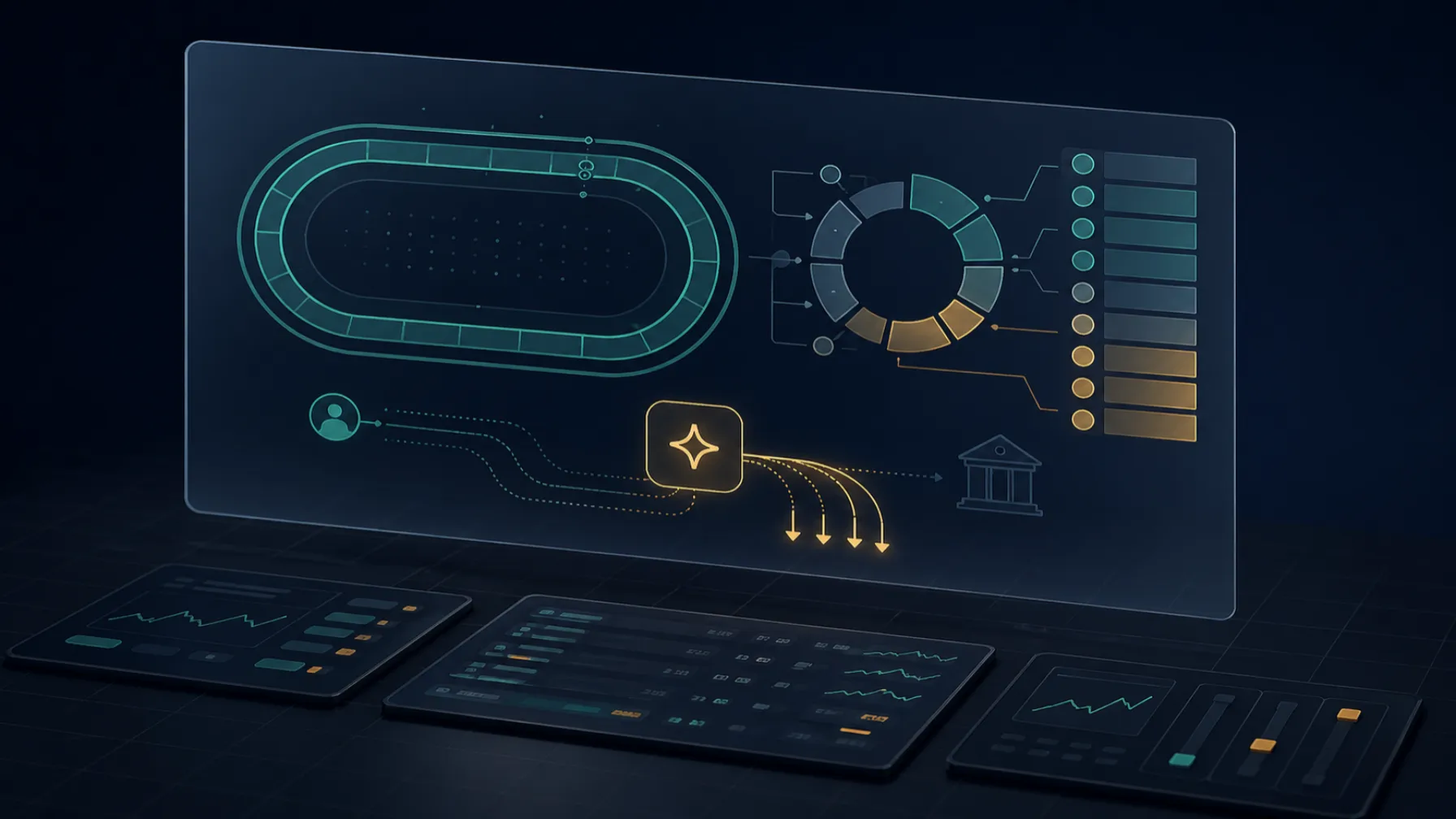 Translucent panel above a trading desk showing an oval track and price ladder
