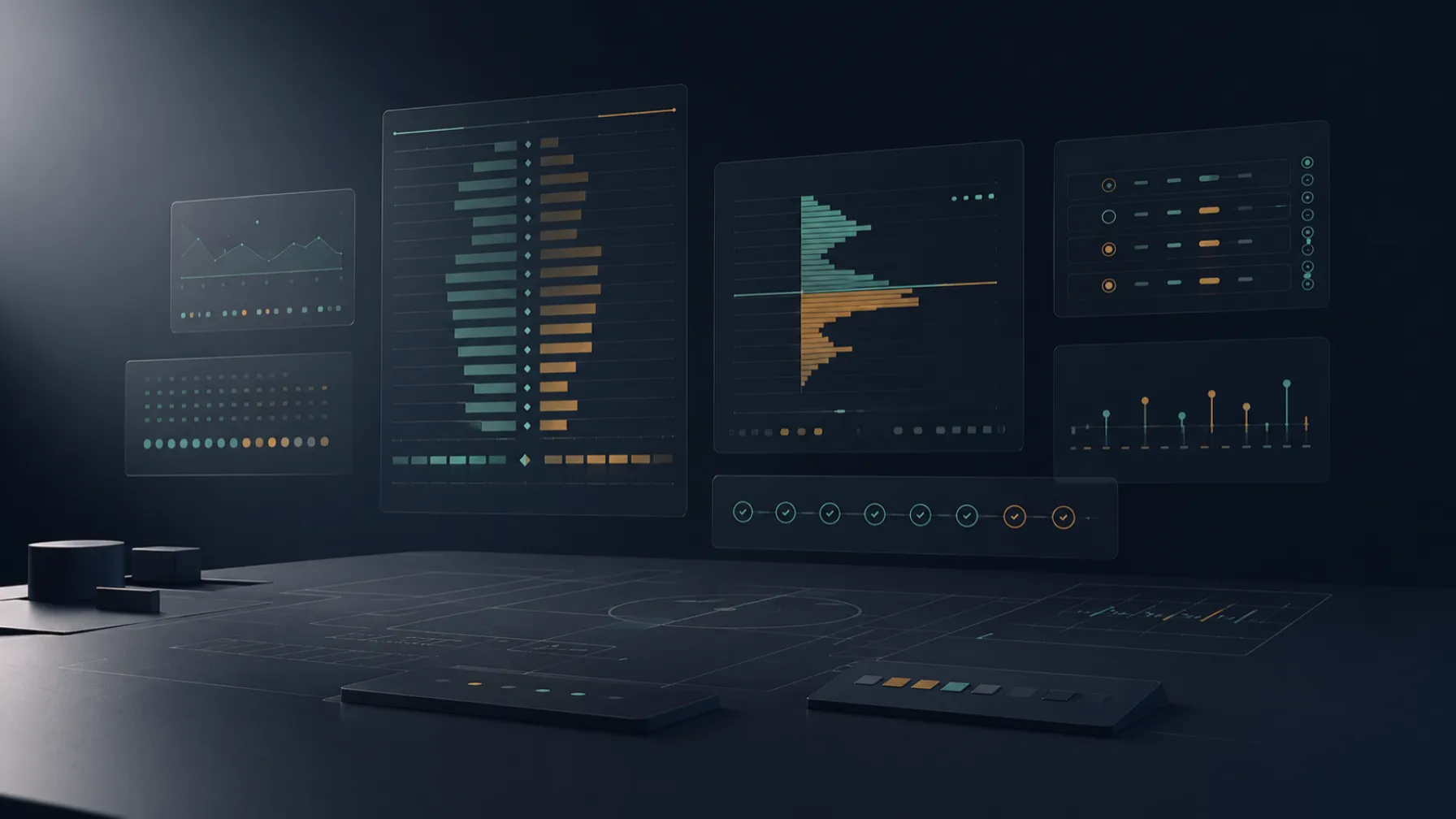 Abstract trading-desk panels representing a sportsbook as a pricing market
